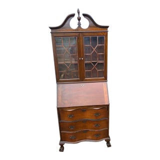 1950s Vintage Chippendale Style Serpentine Secretary Desk Bookcase For Sale