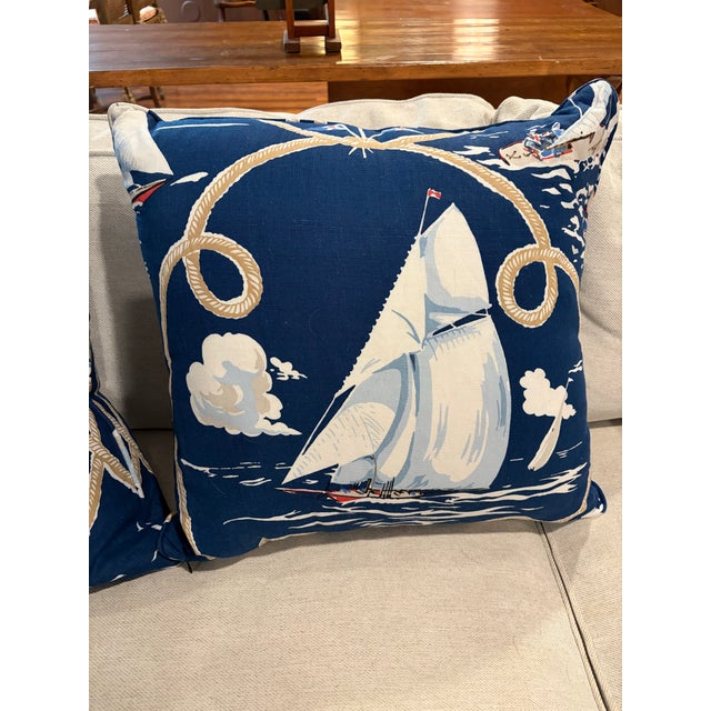 Nautical Pair of Custom Pillows in Schumacher :Summer Regatta For Sale - Image 3 of 3