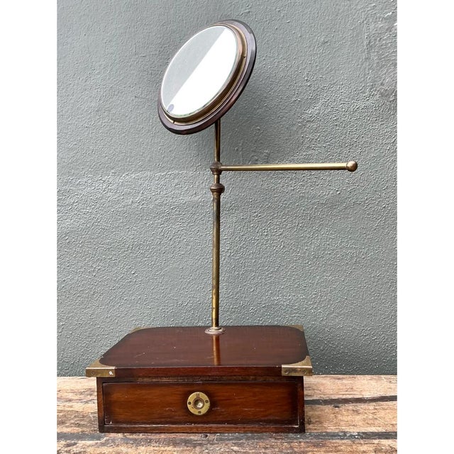 Early 20th Century Vintage Brass and Wood Campaign Vanity Mirror For Sale - Image 5 of 12