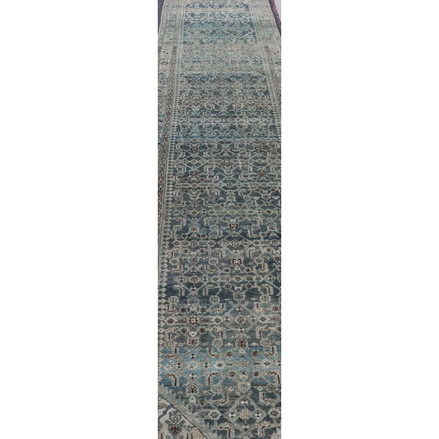 Tribal Antique Malayer Persian Long Runner in Blue's With All-Over Design 3'8 X 17'4 For Sale - Image 3 of 14