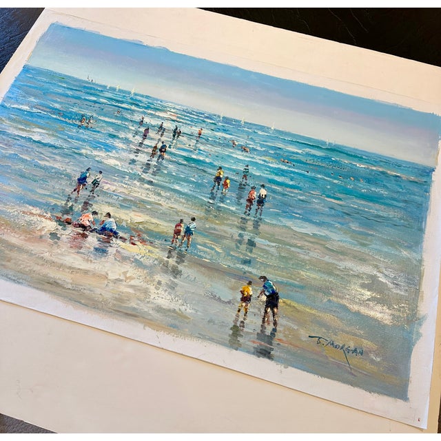 2020s Beach Day Ocean Scene With Figures in Surf, Original Painting by J. Mogan For Sale - Image 5 of 5