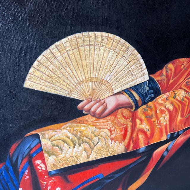Art Deco Late 20th Century Portrait Oil Painting of a Reclining Asian Woman with Fan For Sale - Image 3 of 11