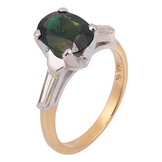 Vintage 2.01 Carat Green Sapphire Diamond 14k Two Tone Gold Ring, Size 6 For Sale
