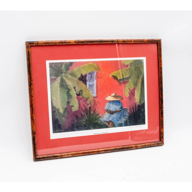 Traditional Pair of Tropical Caribbean Paintings "Red House & Bananas" and a Village (Untitled) Signed For Sale - Image 3 of 18