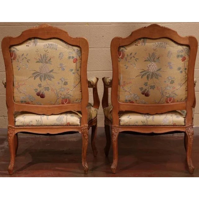 Pair of Early 20th Century French Louis XV Walnut Fauteuils With Scalamandré For Sale - Image 9 of 10