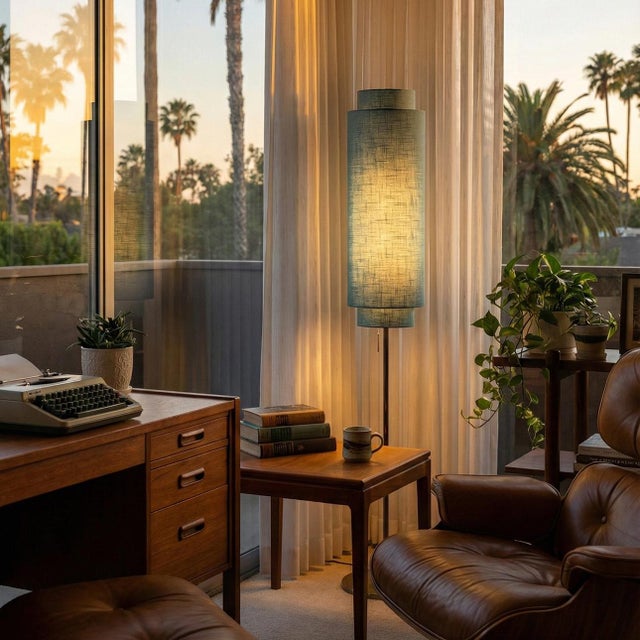 Mid-Century Modern Lollipop Floor Lamp - Black Nickel, Sky Blue Linen Double Shade, on/Off Pull Chain For Sale - Image 3 of 16