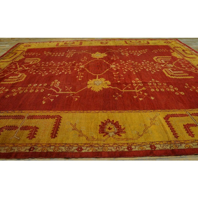 Red 1880s Red Field Tribal Geometric Antique Turkish Oushak Rug 12' 10" X 15' Handknotted Wool Carpet For Sale - Image 8 of 18