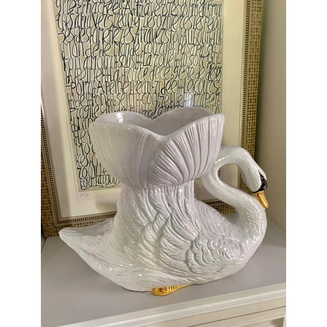 Hand Painted Glazed Italian Terra Cotta Swan Planter Jardiniere For Sale - Image 10 of 13