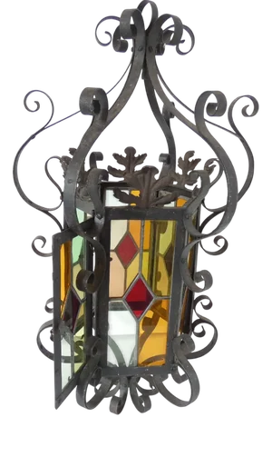 Vintage Wrought Iron Lantern with Colored Glass