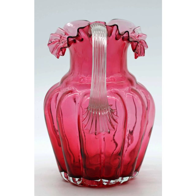 Antique Cranberry Optic-Ribbed Pitcher With Ruffled Rim, C. 1880 For Sale - Image 4 of 8