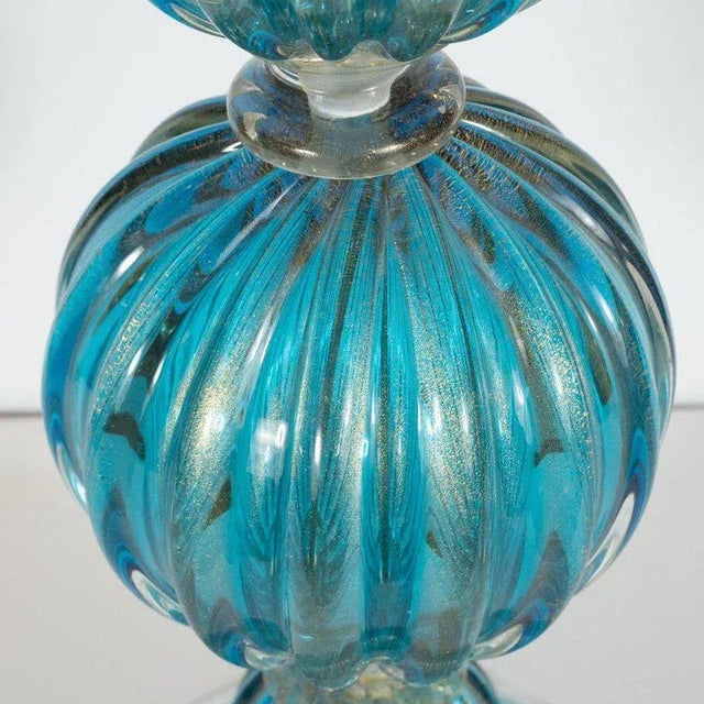 Modernist Ribbed and Banded Turquoise With 24kt Gold Flecks Table Lamps - a Pair For Sale In New York - Image 6 of 7