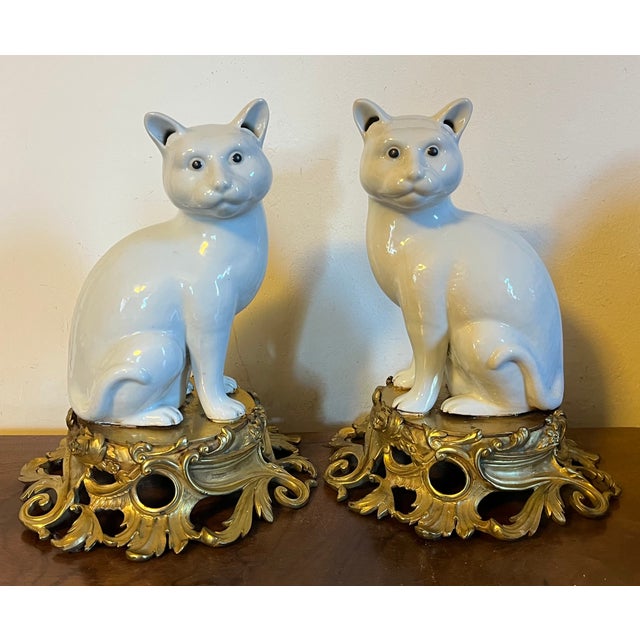 Japanese Antique 19th Century Japanese Blanc De Chine Models of Seated Cats Mounted on French Gilt Bronze Ormolu Bases - A Pair For Sale - Image 3 of 12