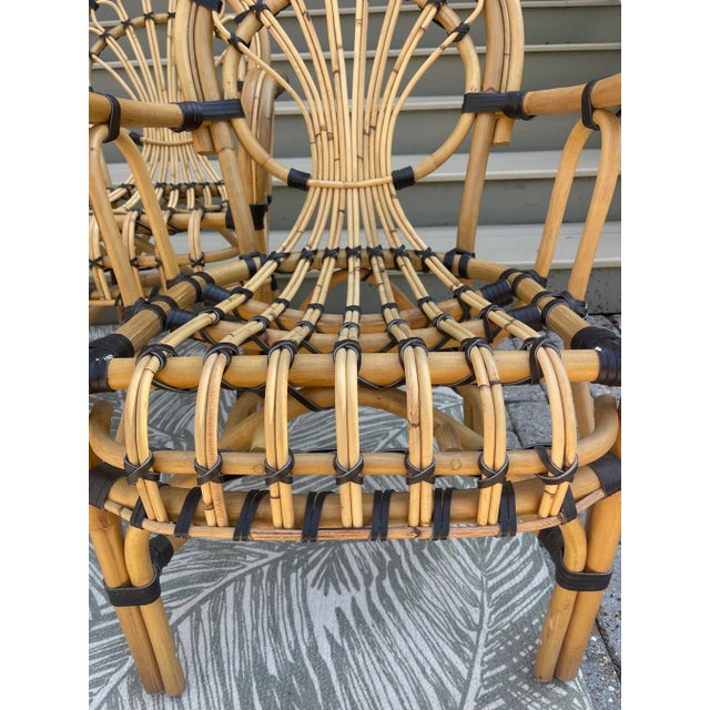 Coastal Set of 4 Beautiful Coastal Rattan Arm Chairs With Leather Accent For Sale - Image 3 of 11