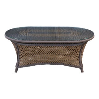 Lloyd Flanders Oval Wicker Coffee Table Two Tone Patio Table With Glass Top Boho For Sale
