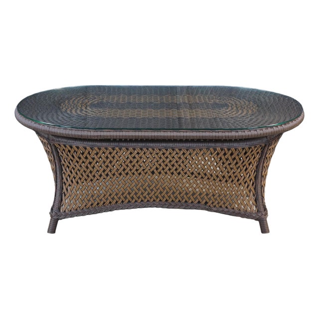 Lloyd Flanders Oval Wicker Coffee Table Two Tone Patio Table With Glass Top Boho For Sale