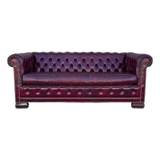 1960s Mid Century Chesterfield Burgundy Leather Tufted Sofa For Sale