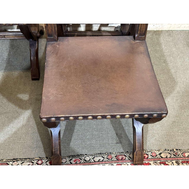 Chairs and Armchairs in Oak and Leather with Gothic Decoration, 1930s, Set of 8 For Sale - Image 10 of 18