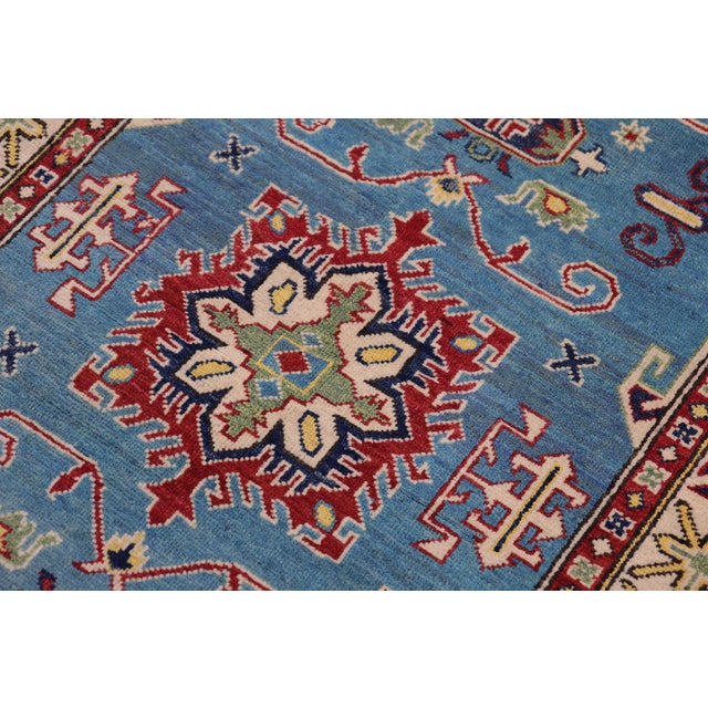 Tribal Bohemian Kazak Light Blue/Beige Wool Rug - 3'3''x4'9'' For Sale - Image 3 of 10
