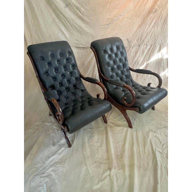 Pair of English Regency Lolling Chairs in Tufted Gray Leather For Sale In Los Angeles - Image 6 of 12