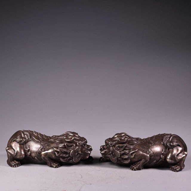Asian Pair of Antique Silver-Plated Guardian Lion Figurines, 2000g Total, High Relief For Sale - Image 3 of 10