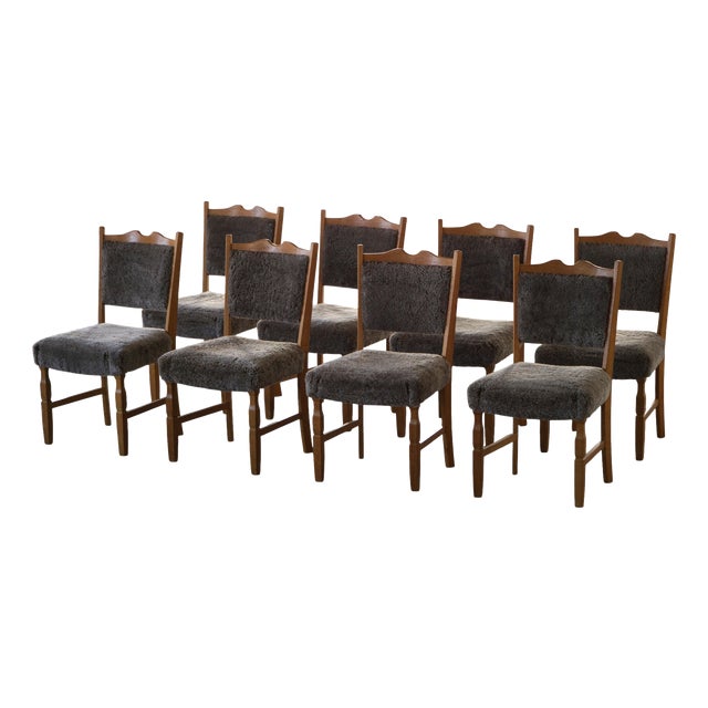 Vintage Danish Modern Dining Chairs in Oak and Lambswool by Henning Kjærnulf, 1960s, Set of 8 For Sale