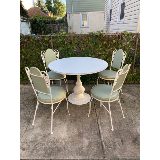 1970s Mid Century Mint & White Vintage Wrought Iron Pedestal Bistro