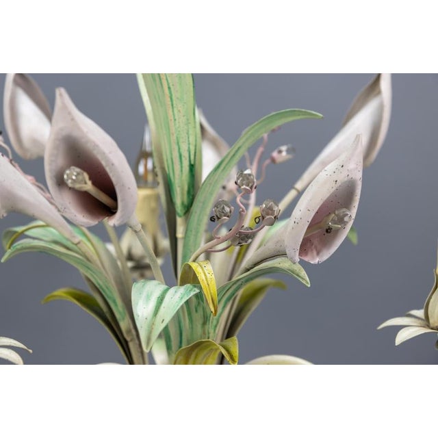 1970s Hollywood Regency Pastel Color Callas Lily Flower Bouquet Metal Chandelier, 1970s For Sale - Image 5 of 18