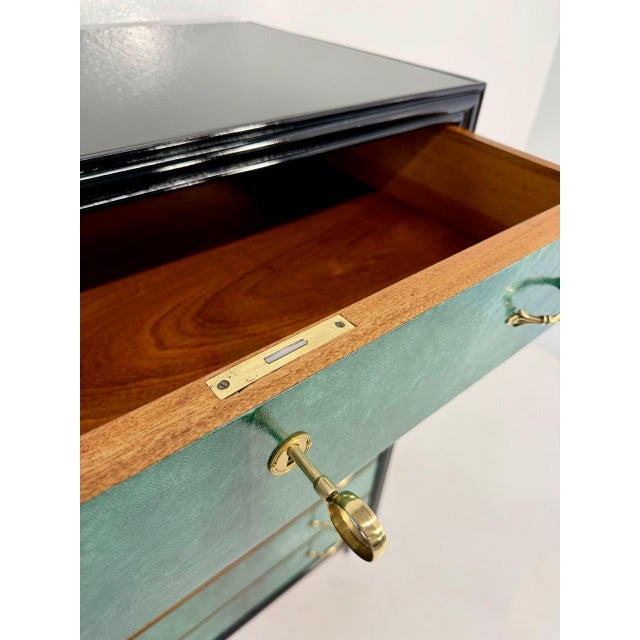 Art Deco Italian Seven-Drawer Chest in Aquamarine Parchment and Black Lacquer, 1950s For Sale - Image 10 of 12