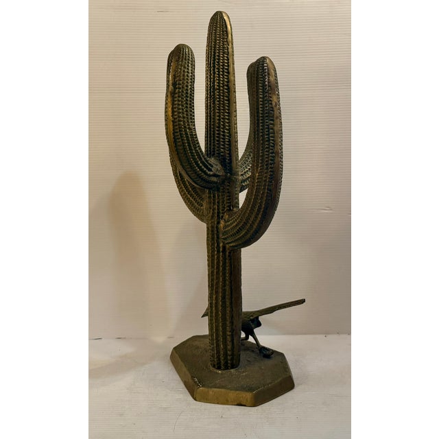 Mid 20th Century Mid 20th Century Brass Saguaro Cactus and Roadrunner Statue For Sale - Image 5 of 9