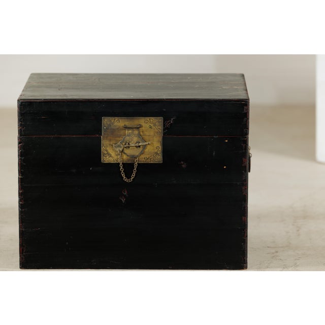 Mid 20th Century Vintage Chinese Black Lacquered Trunk with Brass Hardware and Side Handles For Sale - Image 5 of 18