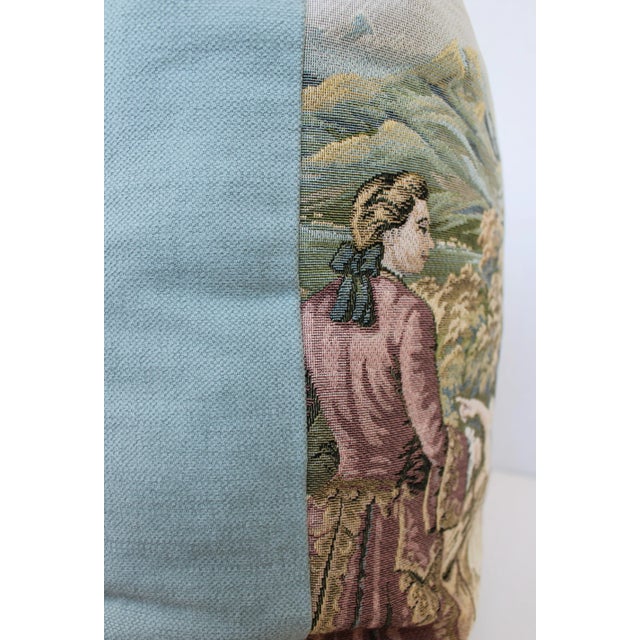 Custom pillow made with a European Louis XIV tapestry. Pillow front depicts a outdoor toile countryside scene, with a...