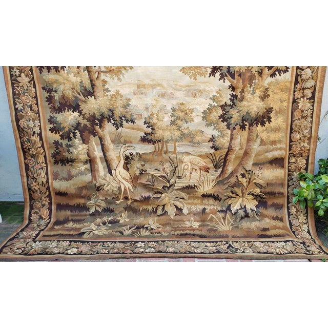 Tan Important Antique Continental Tapestry Panel – Cranes, Birds & Landscape For Sale - Image 8 of 12