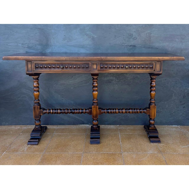 Spanish Carved Wood Console Table With Two Drawers Signed by Valenti For Sale - Image 10 of 16