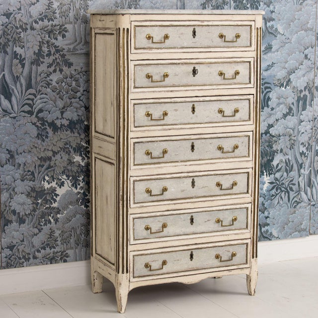 French Provincial 18th C. French Painted Tall Chest of Drawers With Original Marble Top For Sale - Image 3 of 16