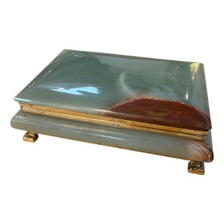 Vintage Italian Marble Jewelry Box With Brass Trim and Footed Base For Sale