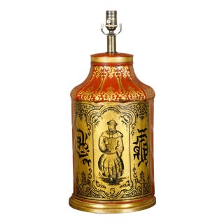 19th Century English Chinoiserie Tea Tin Red and Gold Canister Made into a Table Lamp For Sale