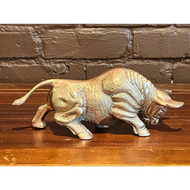 Vintage Heavy Brass Charging Bull Figurine Mid Century Animal Statue Decor For Sale - Image 4 of 5