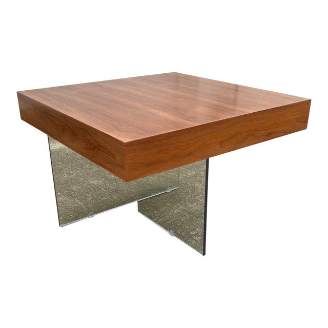 1990s Floating Walnut and Glass Coffee/Cocktail Table Mannered After Milo Baughman For Sale