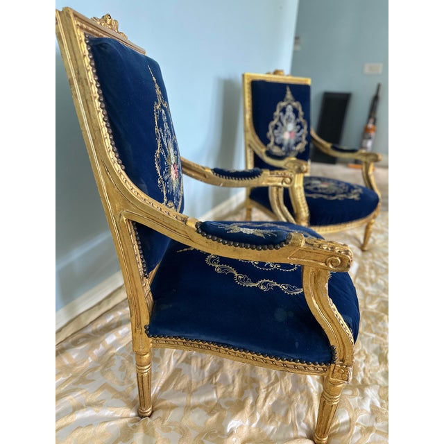 Mid 20th Century French Louis XVI Style Giltwood & Navy Embroidered Velvet Fauteuils- Pair For Sale - Image 11 of 18