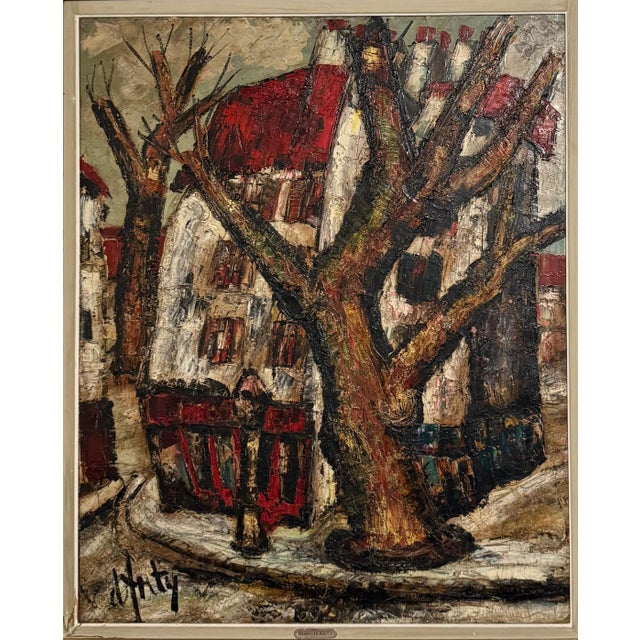 Large oil on canvas Paris, France street scene with house and tree. Hand signed Framed Dimensions 41 x 48.5 Canvas is 40 X...