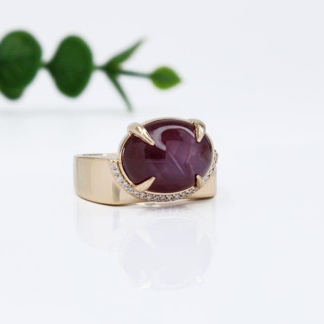 7.3ct Star Ruby Ring W Natural Diamond Accents in Solid 14k Gold | Ov 10.5x9.6mm, Size 6.75 For Sale In Columbus - Image 6 of 10