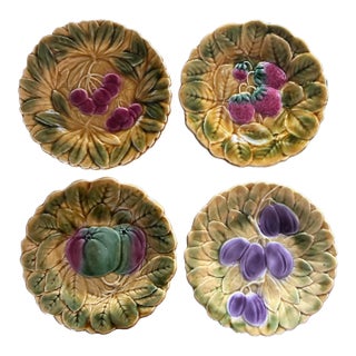 Set of Four French Majolica Figural Fruit Plates by De Sarreguemines For Sale