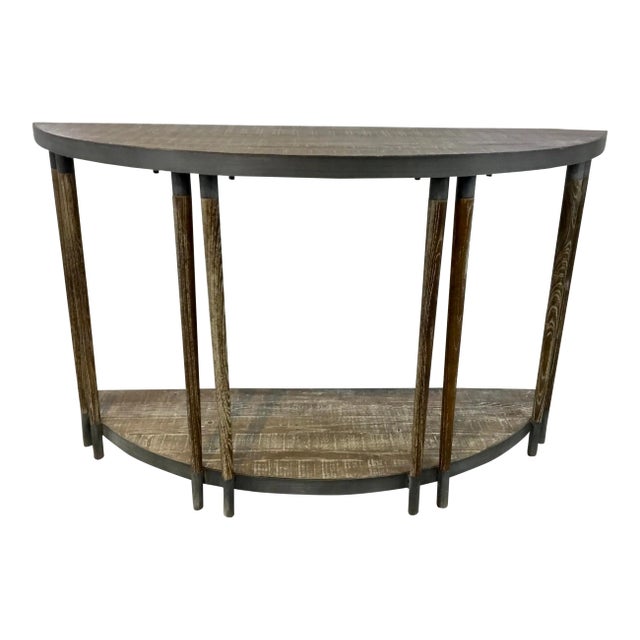 Industrial Modern Rustic Pine and Metal Demi-Lune Console Table For Sale