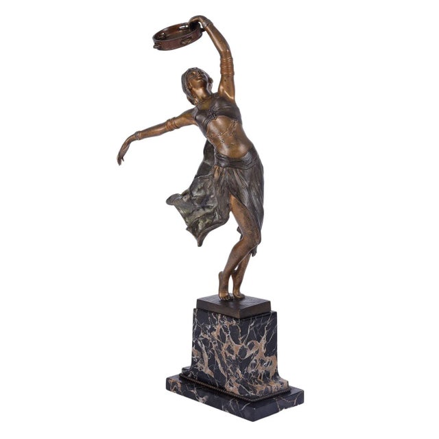 Vintage Austrian A Titze Birks Foundry Deco tambourine dancer bronze sculpture, circa 1940. This Art Deco bronze sculpture...