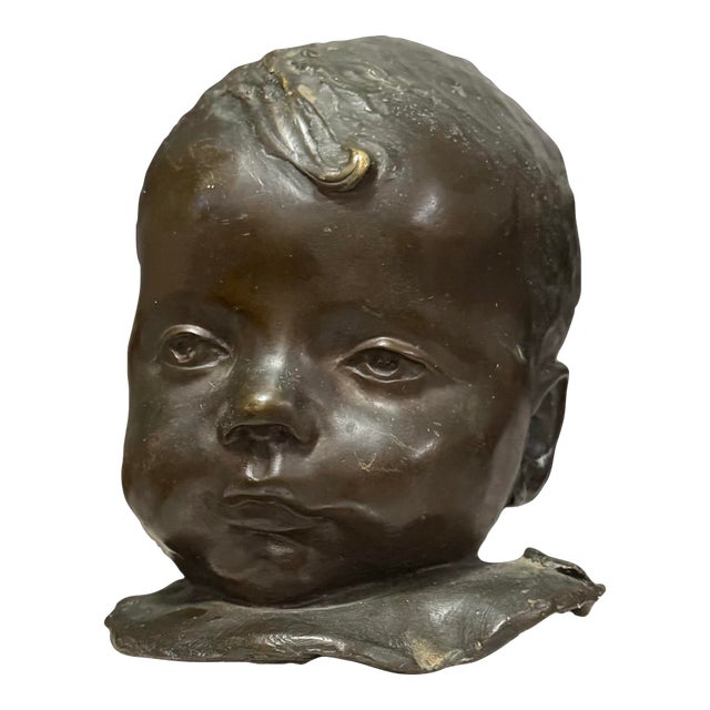 1960s Signed Mid-Century Modern Bronze Infant Bust on Marble Base For Sale