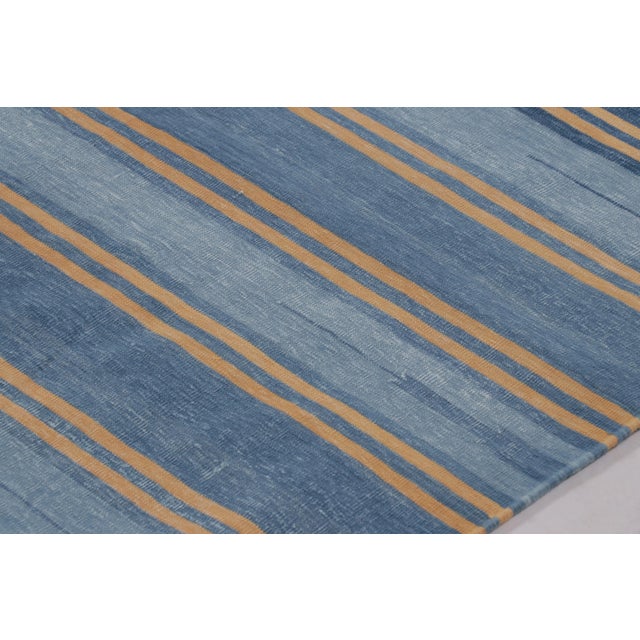 Rug & Kilim’s Indian Dhurrie Rug in Slate Blue and Ochre Stripes For Sale In New York - Image 6 of 9