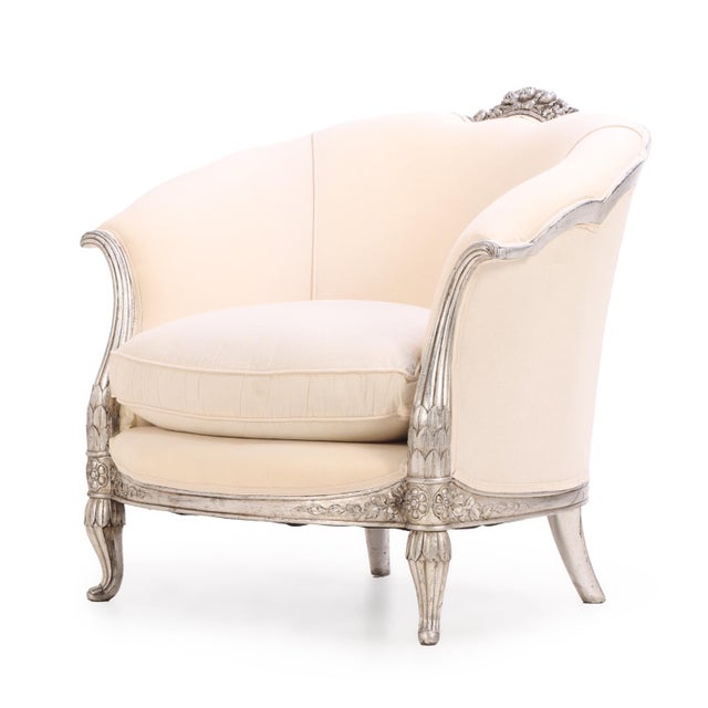 French A Pair of French Louis XV Style Silver Leaf Lounge Chairs, C. 1930. For Sale - Image 3 of 6