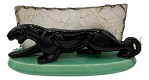 1950s Mid-Century Black Panther Ceramic Statue Lamp with Whipple Stitch Fiberglass Shade
