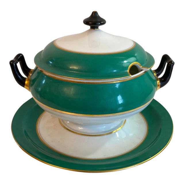 Vintage 1990s Green & White Gilded Lidded Sauce Boat With Underplate For Sale