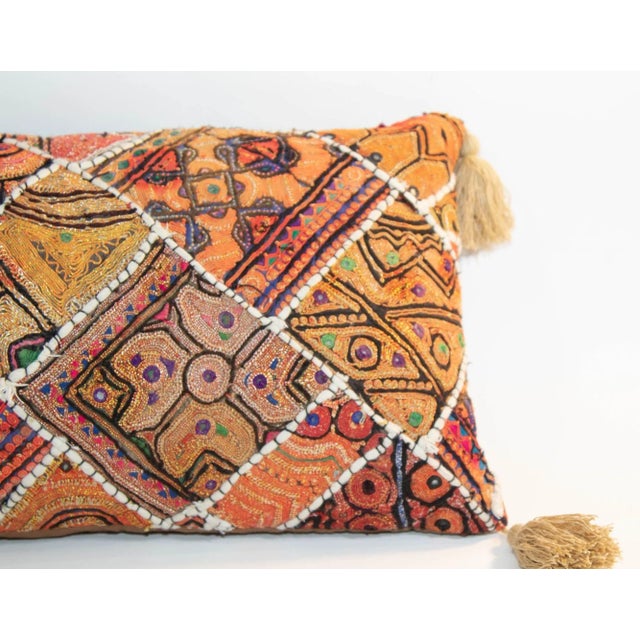 Vintage Lumbar Pillow in Colorful Embroidered Fabric Rajasthan India. This hand embroidered decorative pillow with tassels...